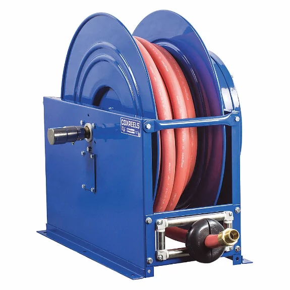 COXREELS SLP-5100 Schlauchtrommel mit Federrückstellung, 100 Fuß Länge, 3/4 Zoll Innendurchmesser, 3/4 Zoll MNPT, Messing, Blau