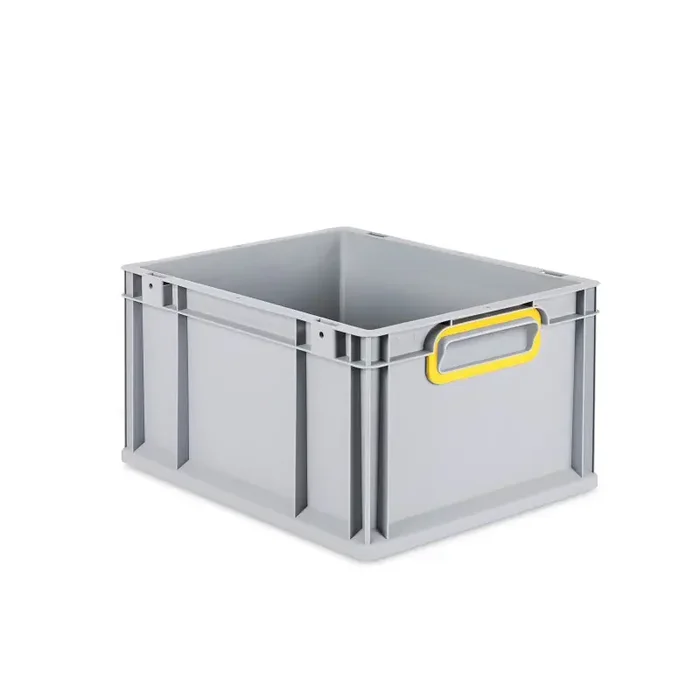 Eurobox NextGen 2.0 grau geschlossene Griffmulden mit Farbring gelb – 400x300x220mm