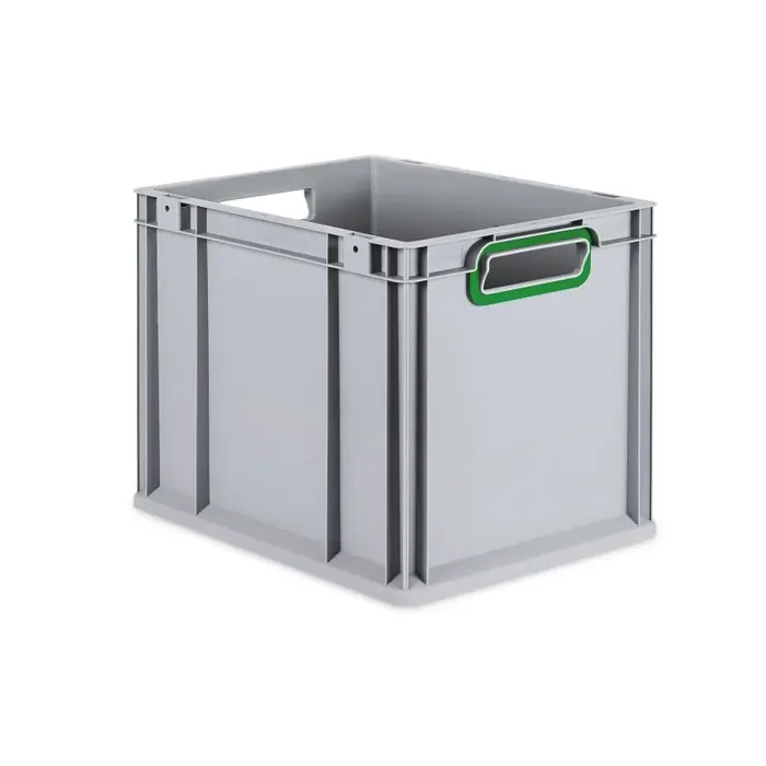 Eurobox NextGen 2.0 grau offene Griffmulden mit Farbring grün – 400x300x320mm
