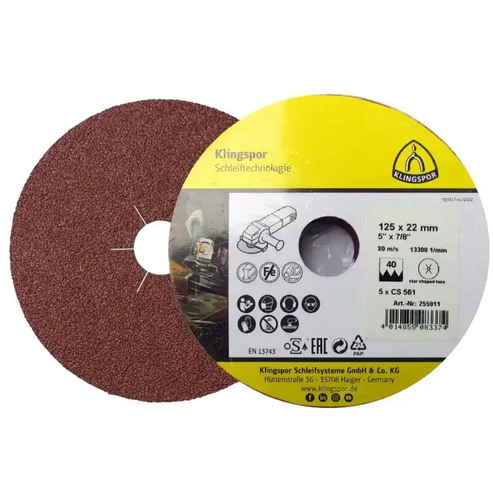 Fiberscheiben CS 561 Schleifscheiben Sternloch Metall universal 125 x 22 mm Korn 80 – 5 Stück SB-verpackt