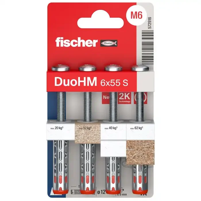 fischer Hohlraumdübel DuoHM für Plattenstärken bis 30mm mit Panheadschraube TX M6x55 – 4 Stück