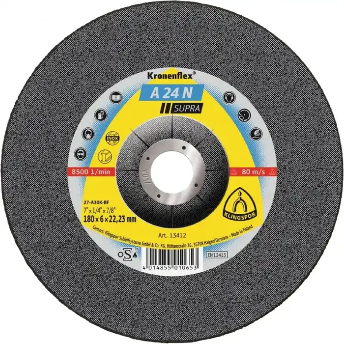 Kronenflex® Schruppscheiben A 24 N gekröpft für Edelstahl 180 x 6 x 22,23 mm