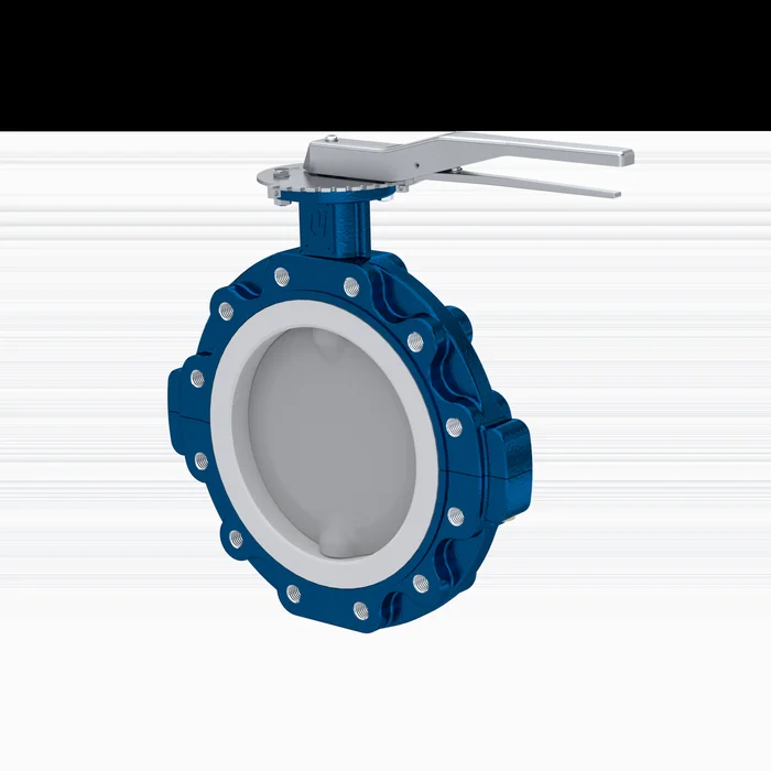 PFA-Absperrklappe PTFE AK10 DN250 ANSI150 Rasthebel FKM Einlage