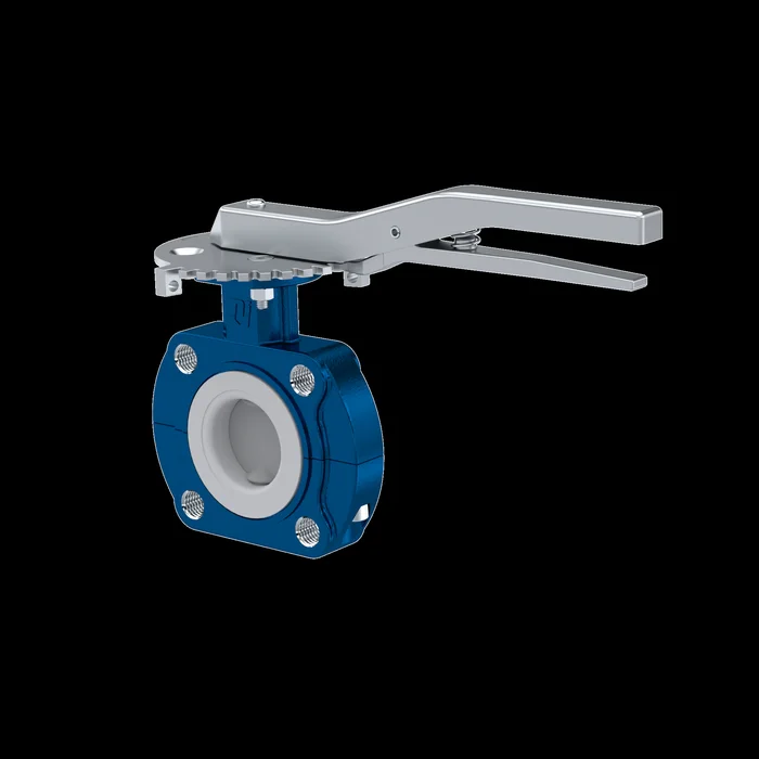 PFA-Absperrklappe PTFE AK10 DN40 PN10-PN16 Rasthebel EPDM Einlage
