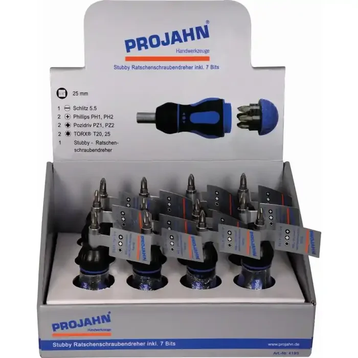 Projahn Display 12x Stubby-Ratschenschraubendreher magnetisch 6,3 (1/4″) und 7 Bits