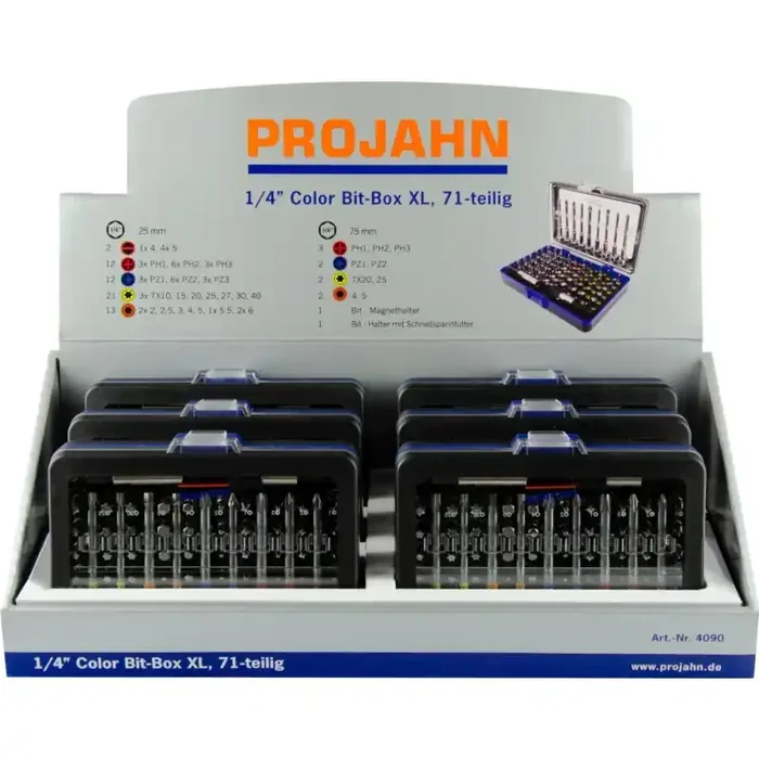Projahn Display 6x COLOR Bit-Box XL 6,3 (1/4″) mit markierten Bits 71-tlg.