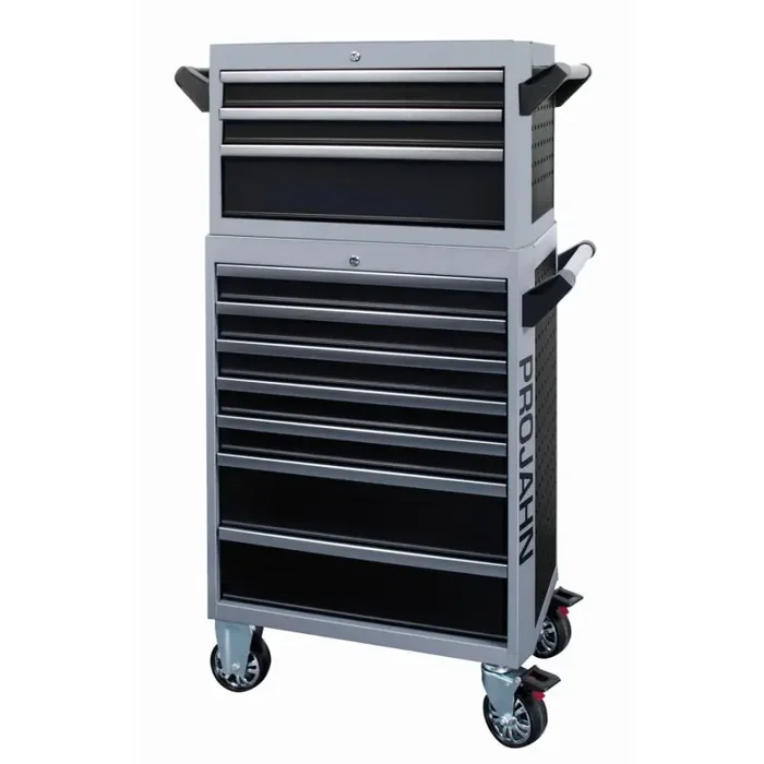 Projahn Werkstattwagen GALAXY + Aufsatz 10 Schubfächer schwarz/silbergrau + Bestückung für 8 Schubfächer 379-teilig