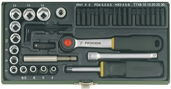 PROXXON Steckschlüsselsatz 1/4″, mit Ratsche und M in pulverbesch