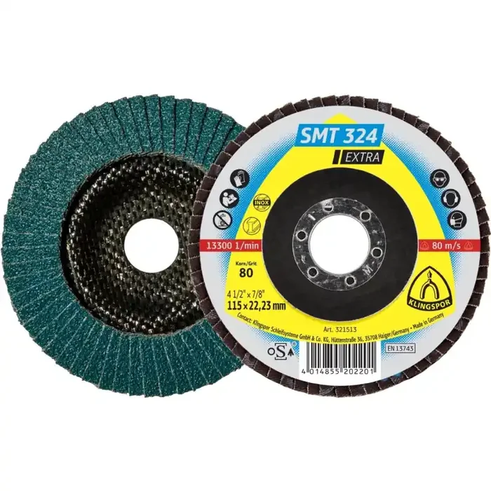 Schleifmopteller SMT 324 gewölbte Fächerscheibe Stahl Edelstahl 115 x 22,23 mm Korn 80 – 1 Stück