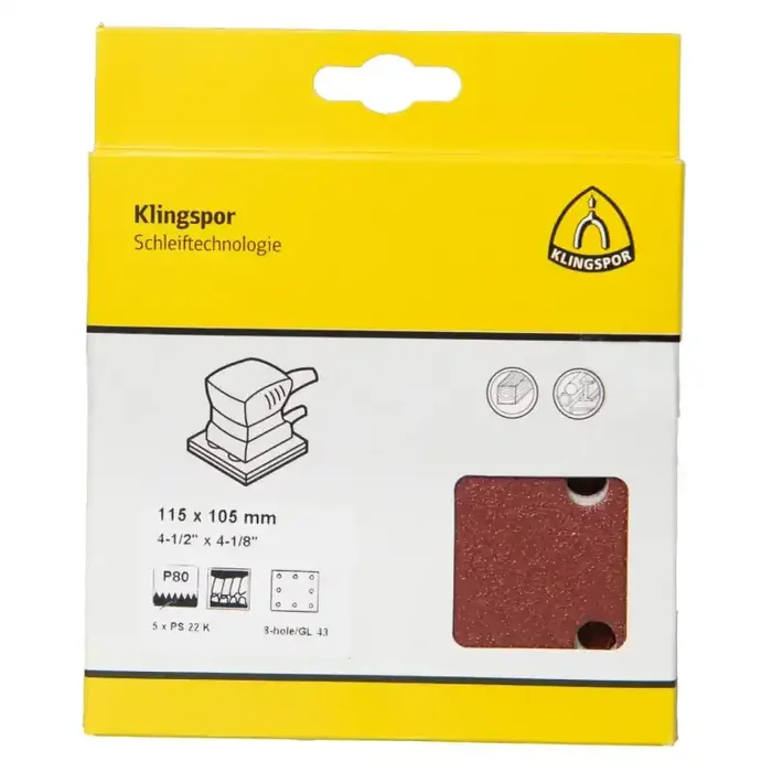 Schleifstreifen PS 22 K kletthaftend für Holz, Metall 115 x 105 mm Körnung 40 Lochform GL43 – 5 Stück