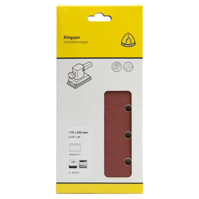 Schleifstreifen PS 22 K kletthaftend für Holz, Metall 115 x 230 mm Körnung 120 Lochform GL15 – 5 Stück