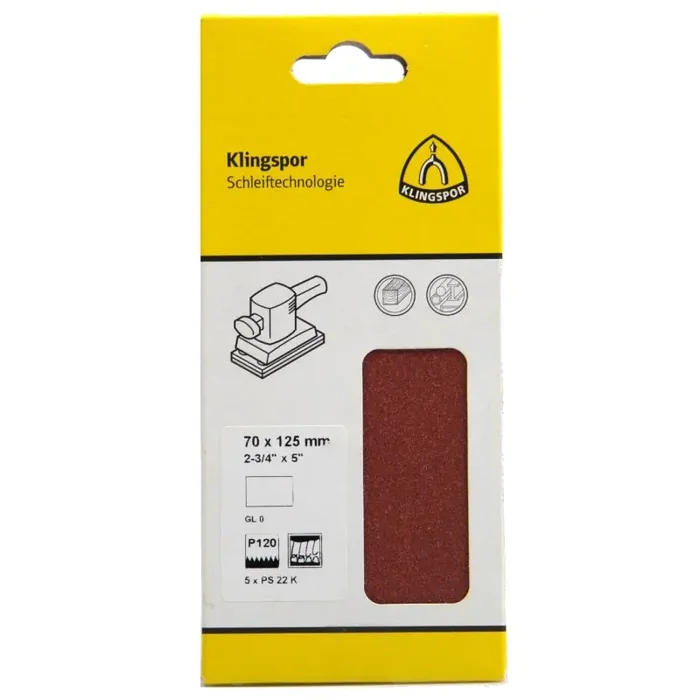 Schleifstreifen PS 22 K kletthaftend für Holz, Metall 70 x 125 mm Körnung 120 ohne Loch – 5 Stück