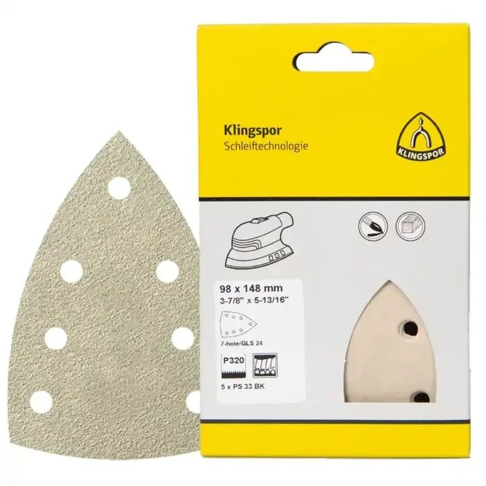 Schleifstreifen PS 33 BK dreieckig kletthaftend für Farbe, Lack, Spachtel 98 x 148 mm Körnung 180 Lochform GLS24 – 5 Stück