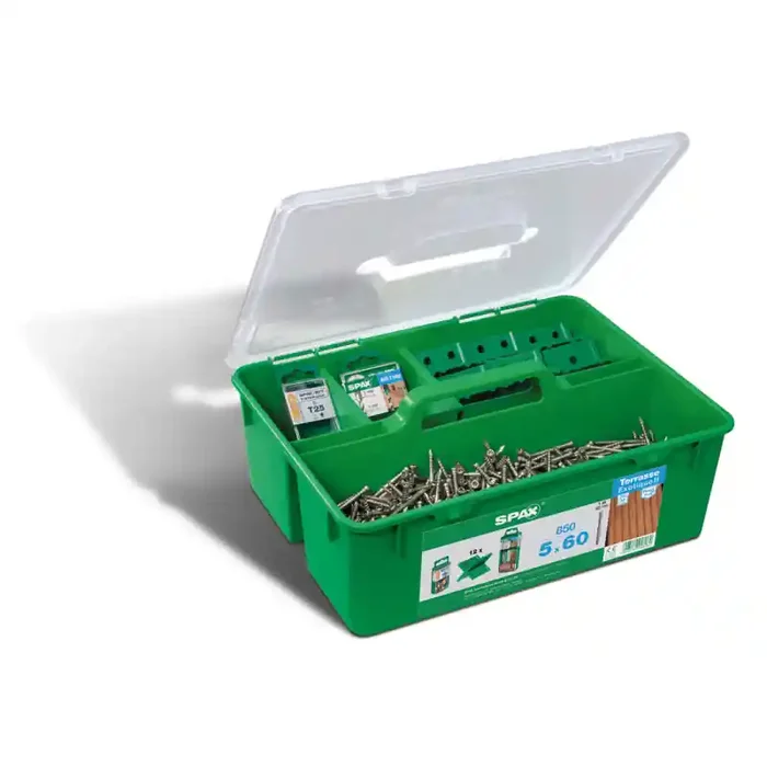 SPAX GREEN Box Terrassenschrauben-Set 5x60mm Edelstahl mit Bits Bohrer Abstandhaltern