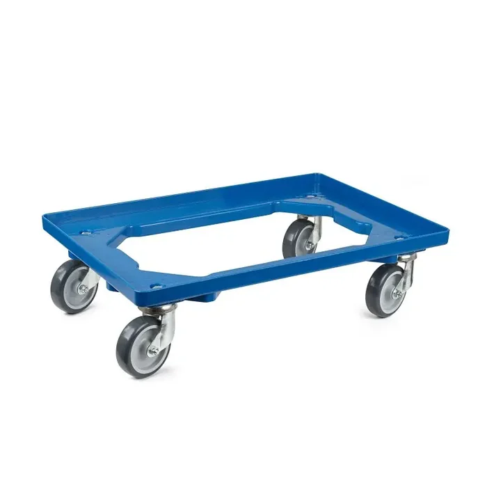 Transportroller 600x400mm offener Boden mit 4 Gummi Lenkrollen – Blau