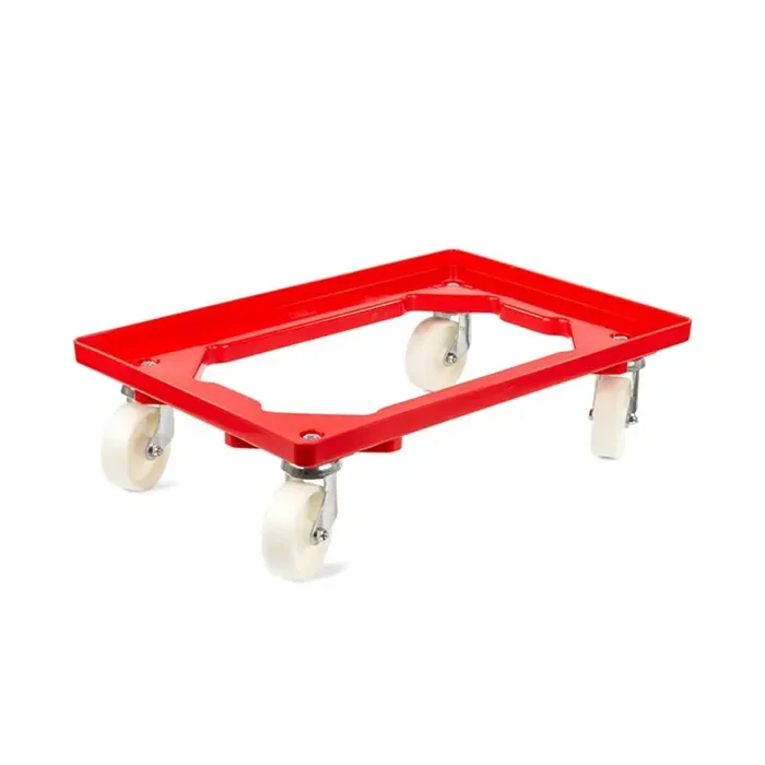 Transportroller 600x400mm offener Boden mit 4 Kunststoff Lenkrollen – Rot