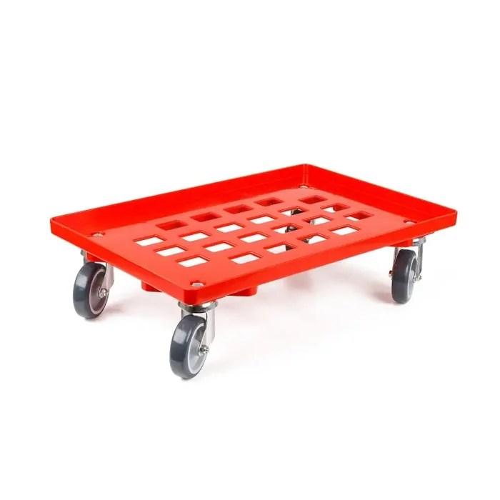 Transportroller 600x400mm Rasterboden mit 4 Gummi Lenkrollen – Rot