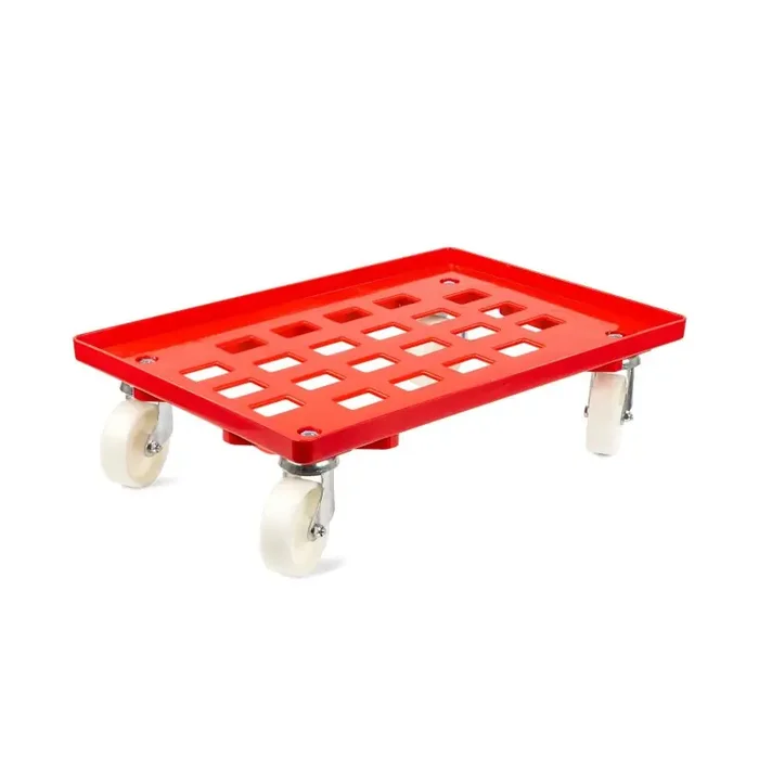 Transportroller 600x400mm Rasterboden mit 4 Kunststoff Lenkrollen – Rot