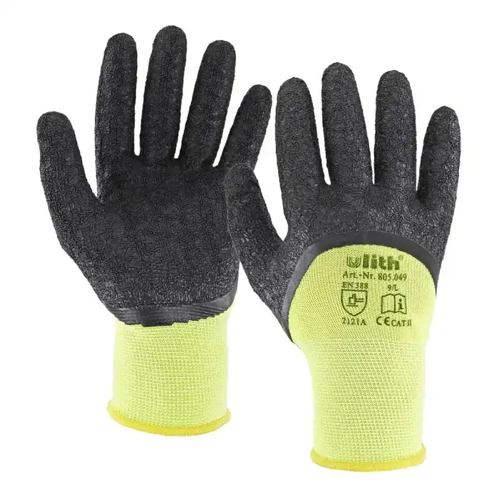 ULITH® Montage-Feinstrickhandschuhe mit Latex-Beschichtung – warngelb/schwarz – Größe 10