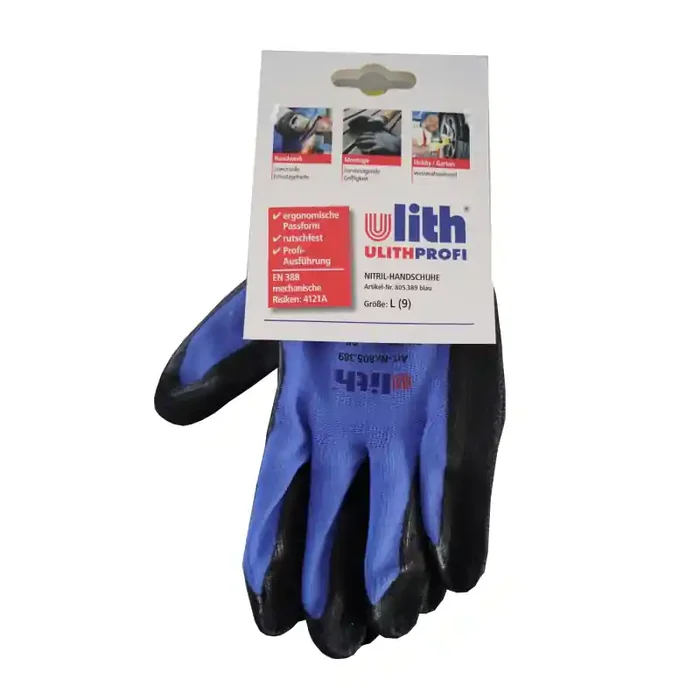ULITH® Montage-Feinstrickhandschuhe mit Nitril-Beschichtung – blau/schwarz – Größe 9