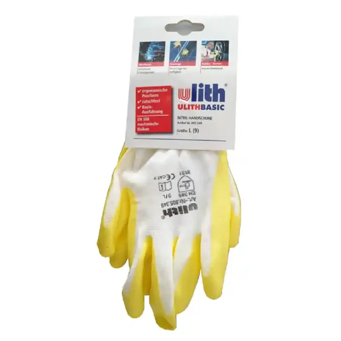 ULITH® Nitril-Feinstrickhandschuhe mit Bund – PSA CAT II – weiß/gelb – Größe 9